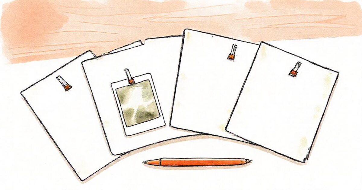 Four paper folders fanned out on a table with clips at the top, one holding a small photograph, and a pencil beside them