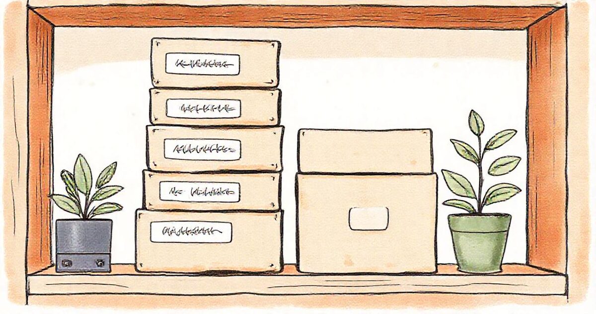 A stack of labelled cardboard archive boxes on a wooden shelf beside a small external hard drive and potted plants
