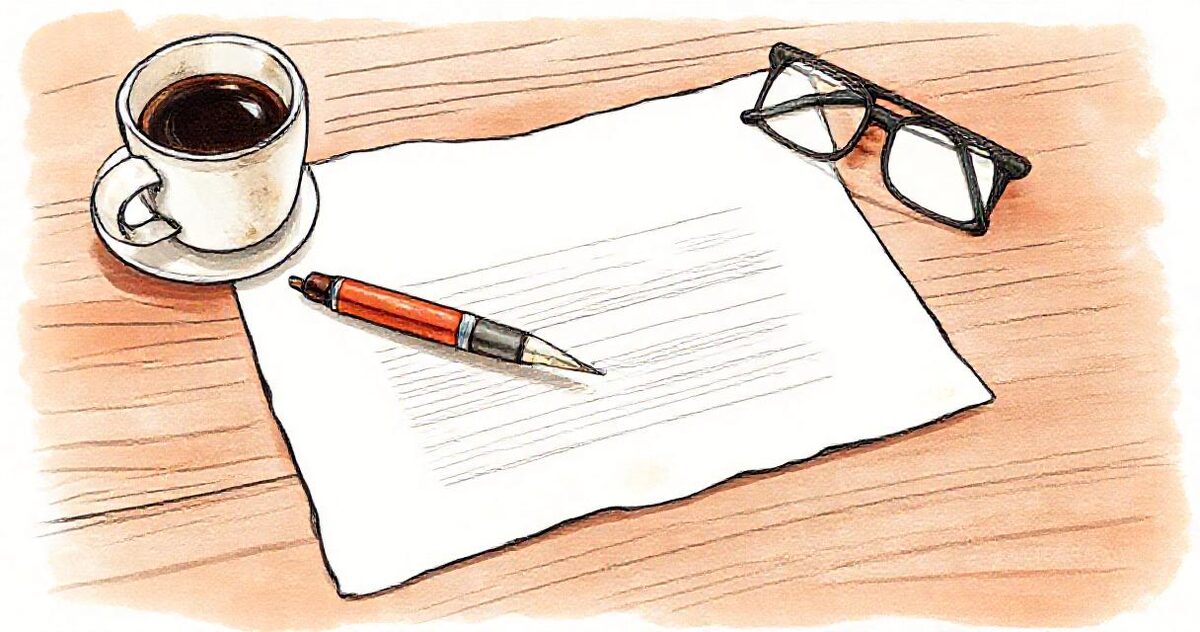 A signed paper contract with a fountain pen, a cup of coffee and reading glasses on a wooden desk