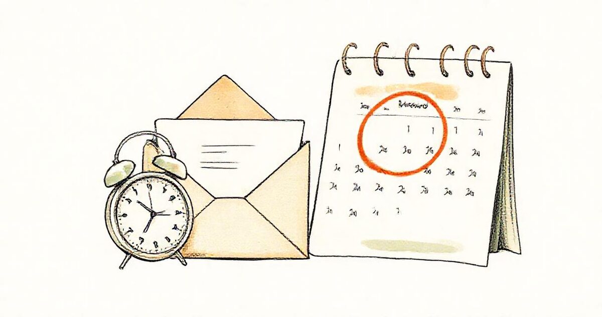 A small alarm clock beside a folded letter in an envelope and a desk calendar with one day circled in terracotta