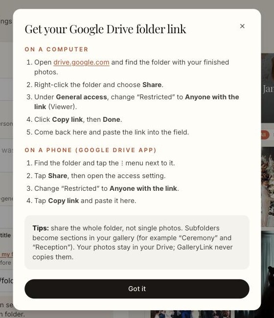 A dialog titled Get your Google Drive folder link, listing the steps to share a folder and copy its link on a computer and on a phone