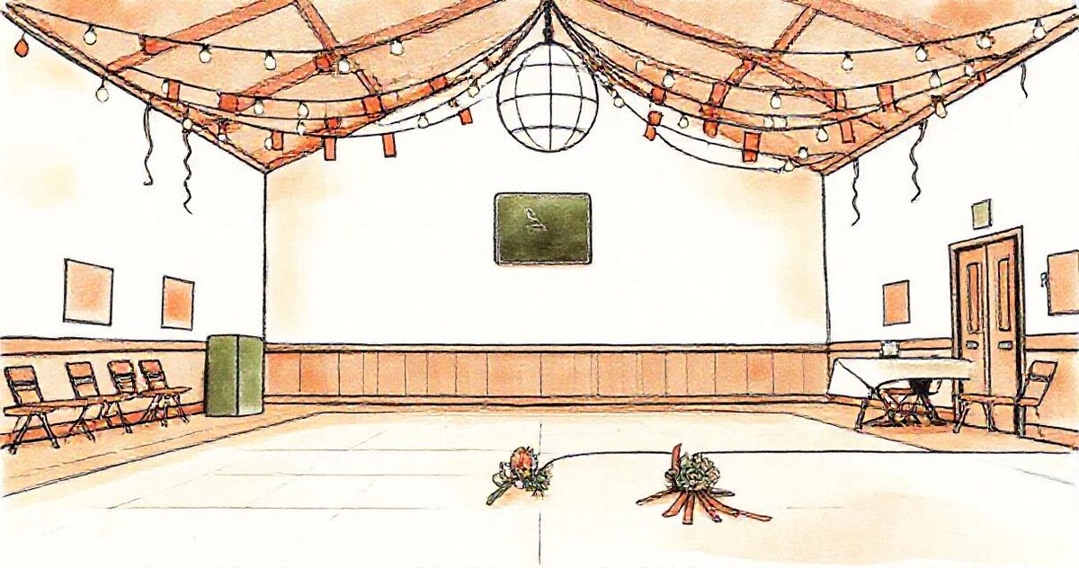 A school gym decorated for a dance with string lights, streamers and a disco ball, with a corsage on the floor