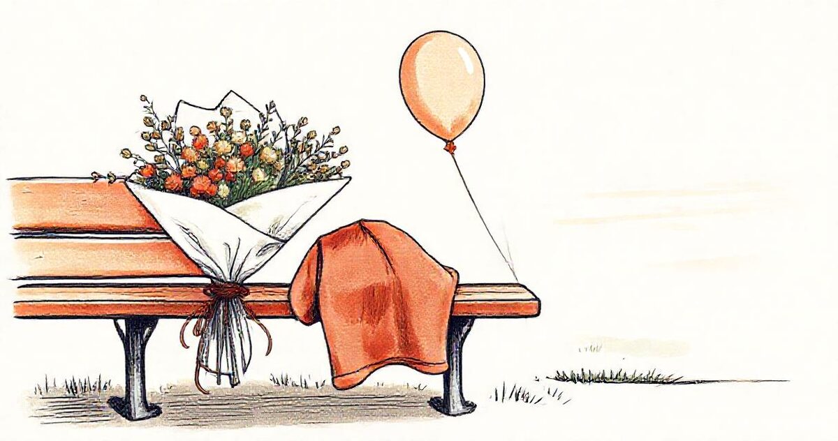 A bouquet of flowers, a folded jersey and a balloon on a bench at the side of a sports field