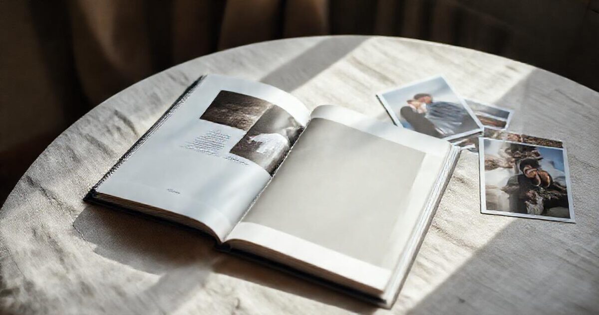 A printed wedding album open beside loose prints on a linen table