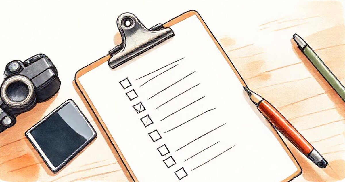 A clipboard checklist with every box ticked, beside a camera and a phone