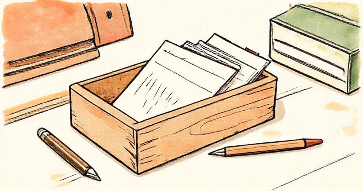 A wooden box of index cards with one card pulled out and pencils beside it
