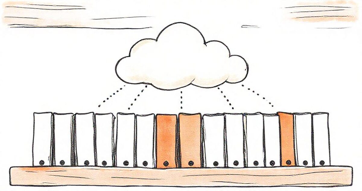 A cloud drawn above a row of paper folders on a shelf, joined to them by dotted lines