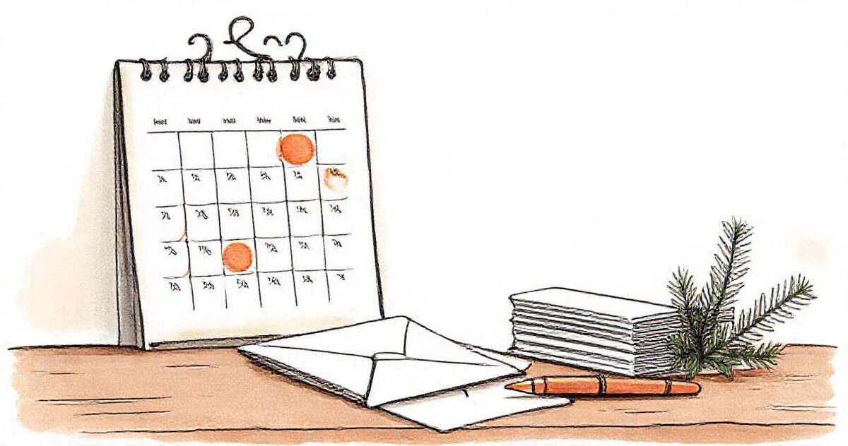A desk calendar with a few days circled in terracotta, beside a stack of blank greeting cards, an envelope, a pen and a sprig of pine