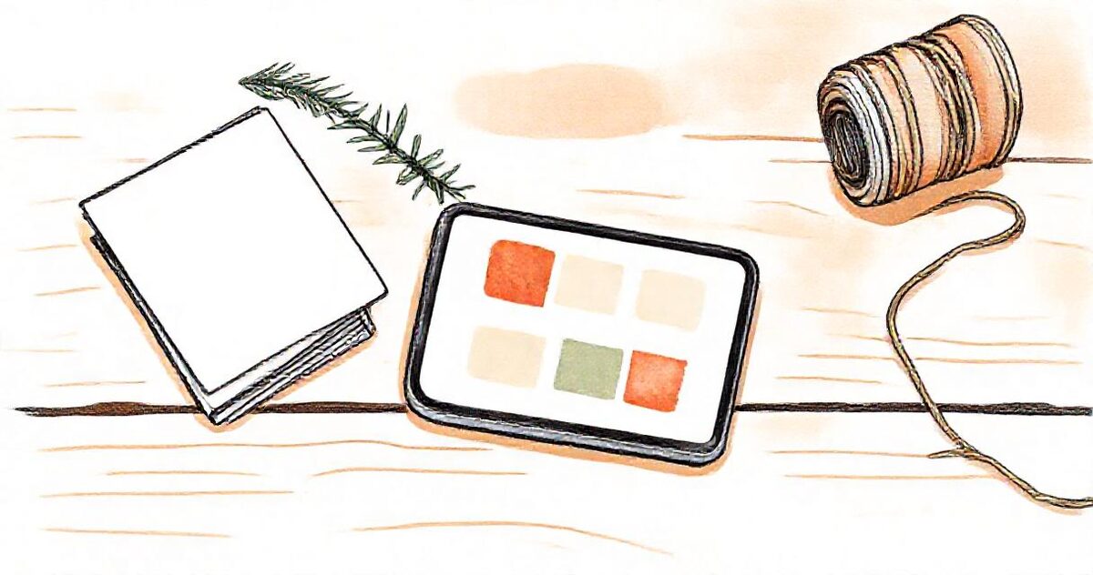 A phone on a wooden desk showing a grid of warm colour squares, next to a stack of blank greeting cards, a pine sprig and a roll of twine