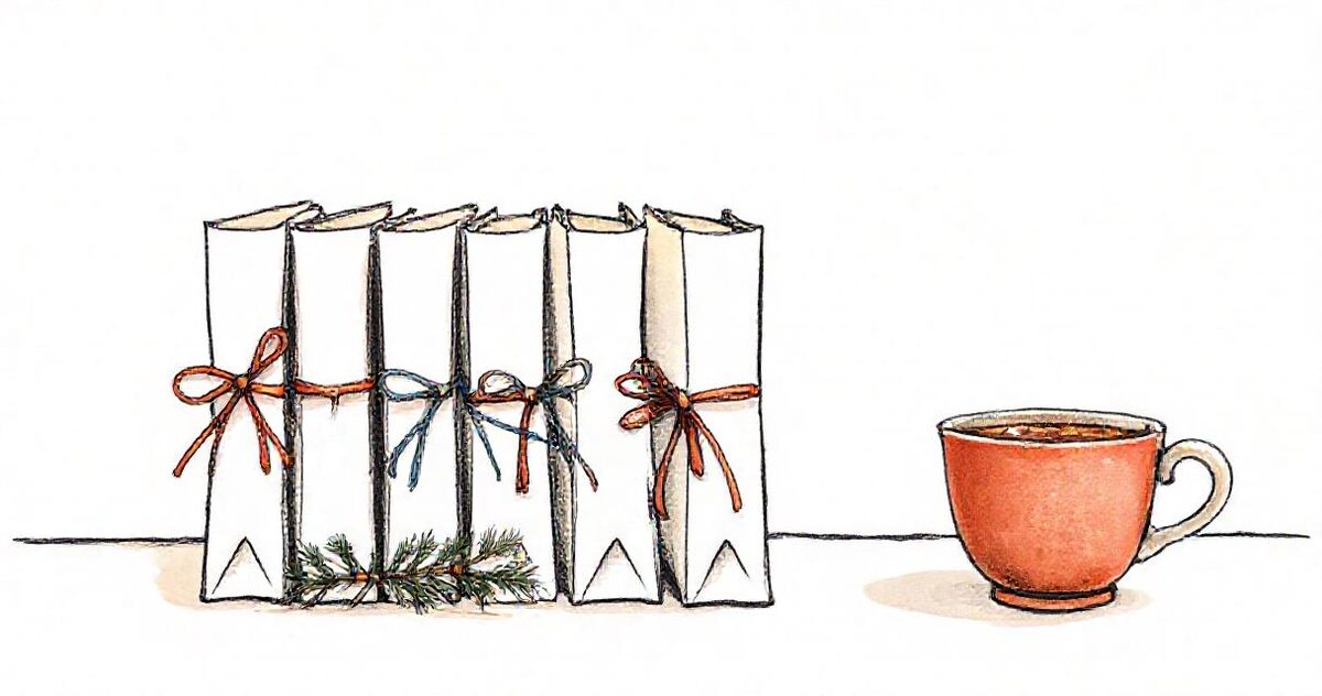 A row of paper folders standing upright, each tied with a different coloured ribbon, with a pine sprig and a cup of cocoa