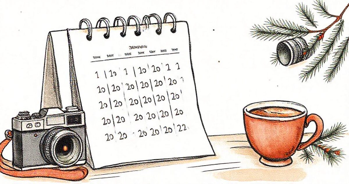 A desk calendar with many small time slots marked, beside a camera, a cup of cocoa and pine branches