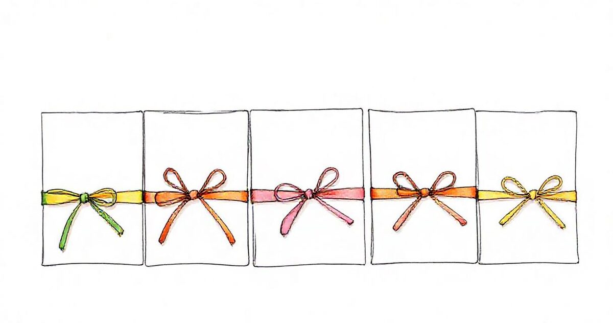 Five paper folders in a row, each tied with a different coloured ribbon