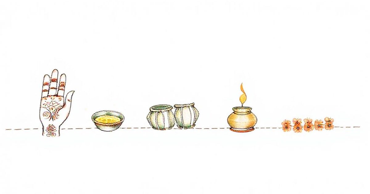 A row of small illustrations joined by a dotted line: a henna-decorated hand, a bowl of turmeric paste, a pair of drums, a brass pot with a flame and a marigold garland