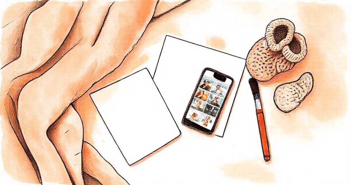 A phone showing a photo gallery on a soft blanket, beside blank announcement cards and a pair of knitted baby booties