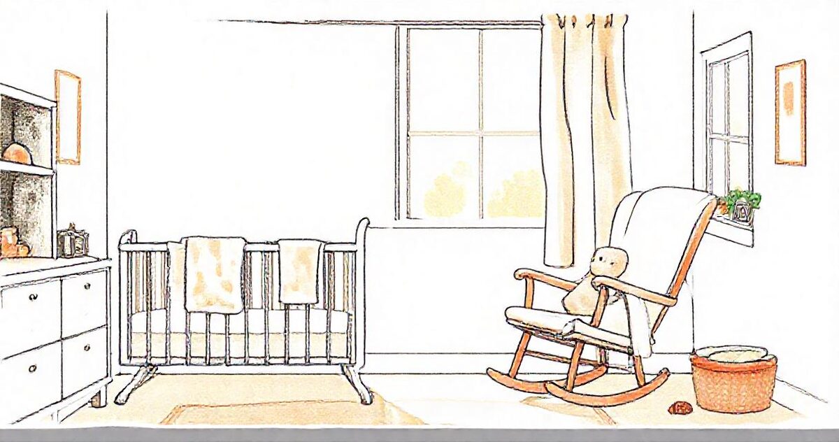 A sunlit nursery with a crib, a rocking chair with a blanket and a teddy bear, and a dresser