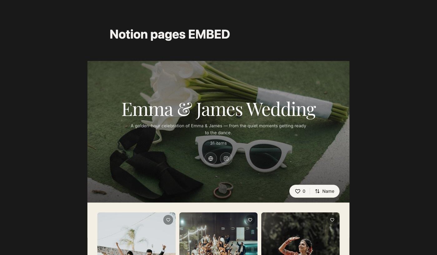A published Notion page titled Notion pages EMBED showing a live GalleryLink wedding gallery embedded on the page, with the cover photo, title and the first row of photos