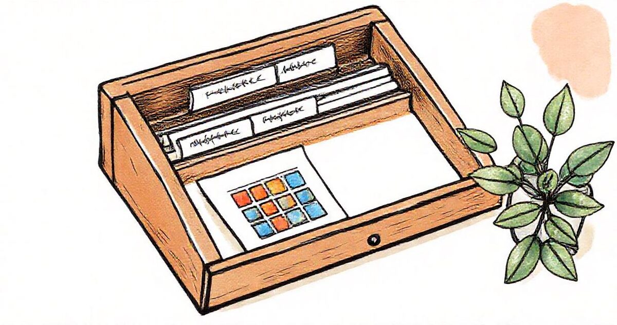 A wooden desk organiser with index tabs and a card showing a small grid of colour squares