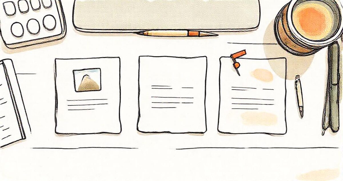 Illustration of three cards laid out in a row on a desk, one marked with a small flag