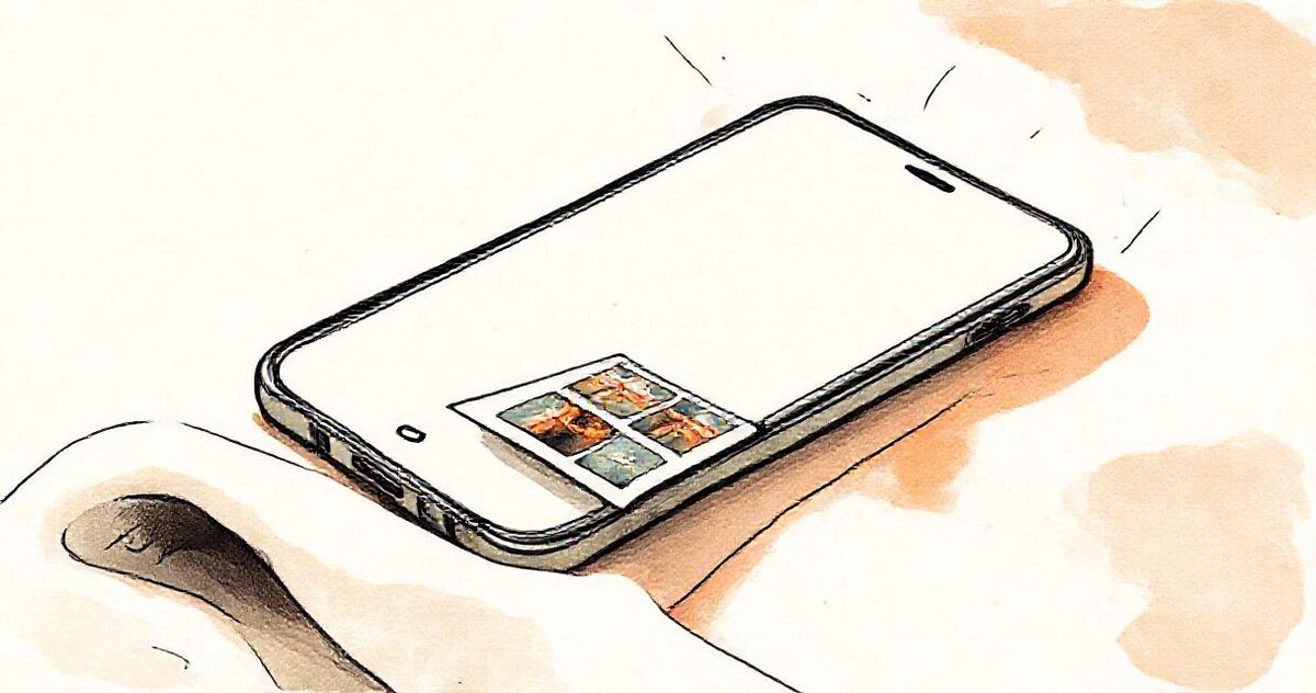 Illustration of a phone showing a folded form, a round floating button and a sheet of photos sliding up
