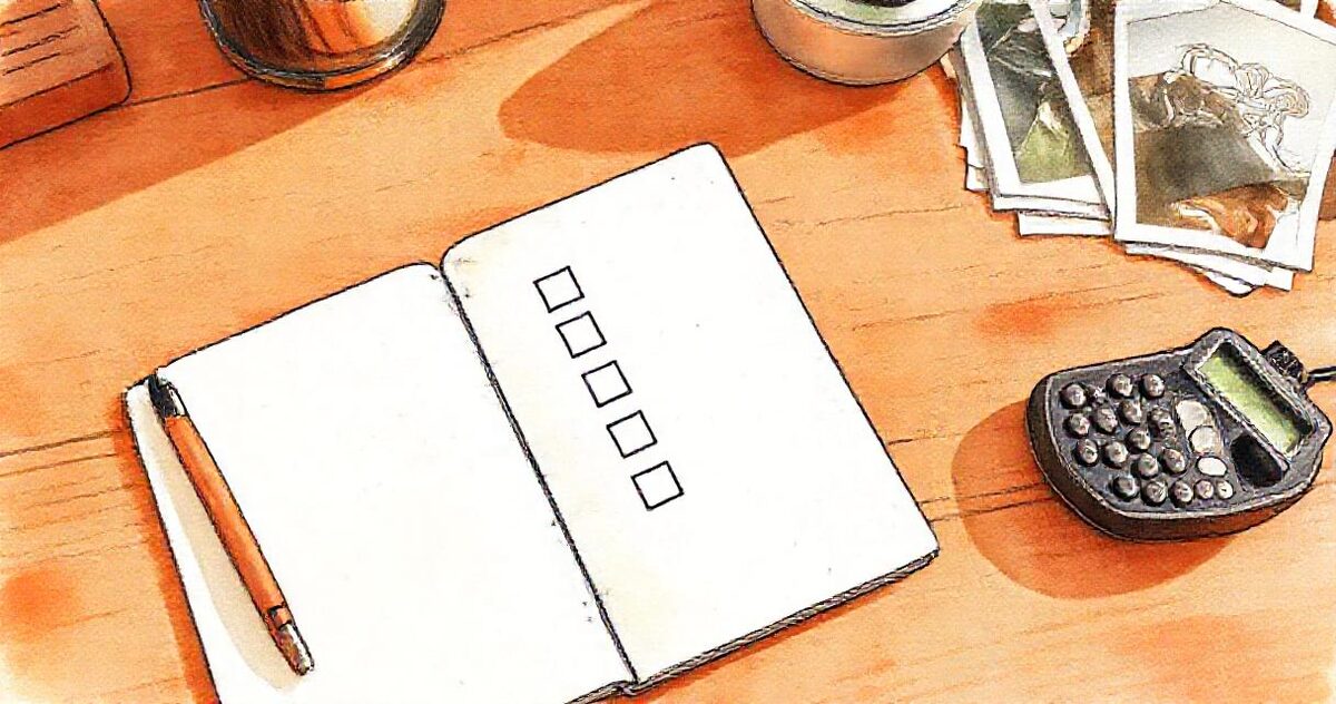 An open notebook with empty checkboxes, a pencil, a calculator and a few printed photographs on a desk
