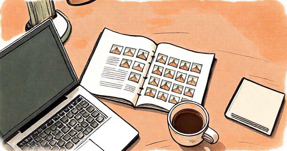 A laptop beside an open album showing a neat grid of photographs, with a cup of coffee