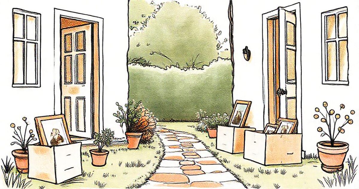 Cardboard boxes holding framed photographs on a garden path between two open doorways