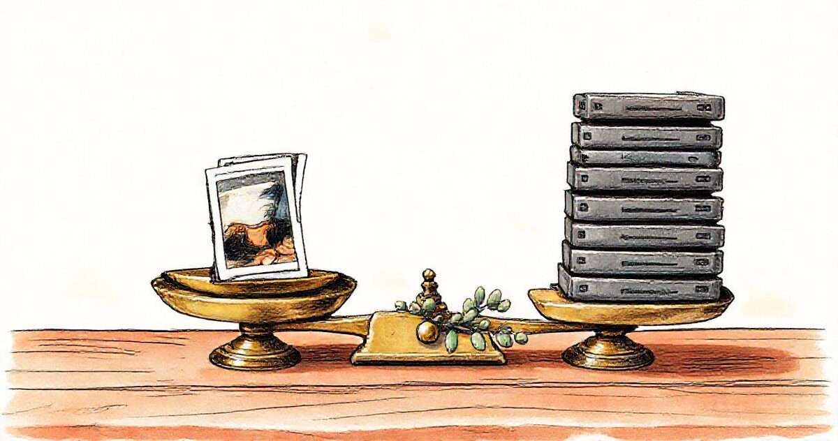 Illustration of a brass balance scale with a few printed photographs on one side and a tall stack of hard drives on the other