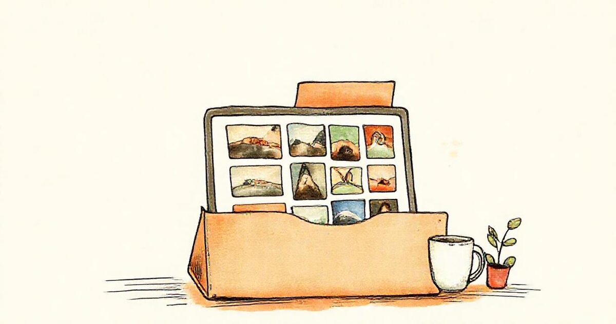 A cardboard folder of photographs opening into a laptop showing a gallery grid, with a coffee cup and a small plant