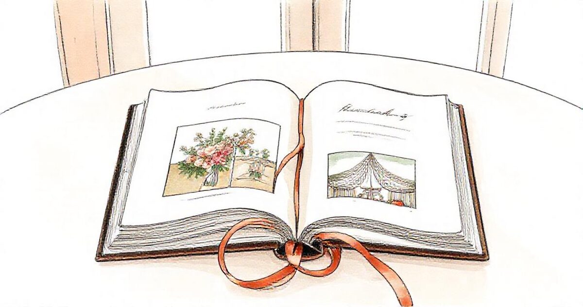 Illustration of an open photo album with two or three photographs on each spread and a ribbon bookmark