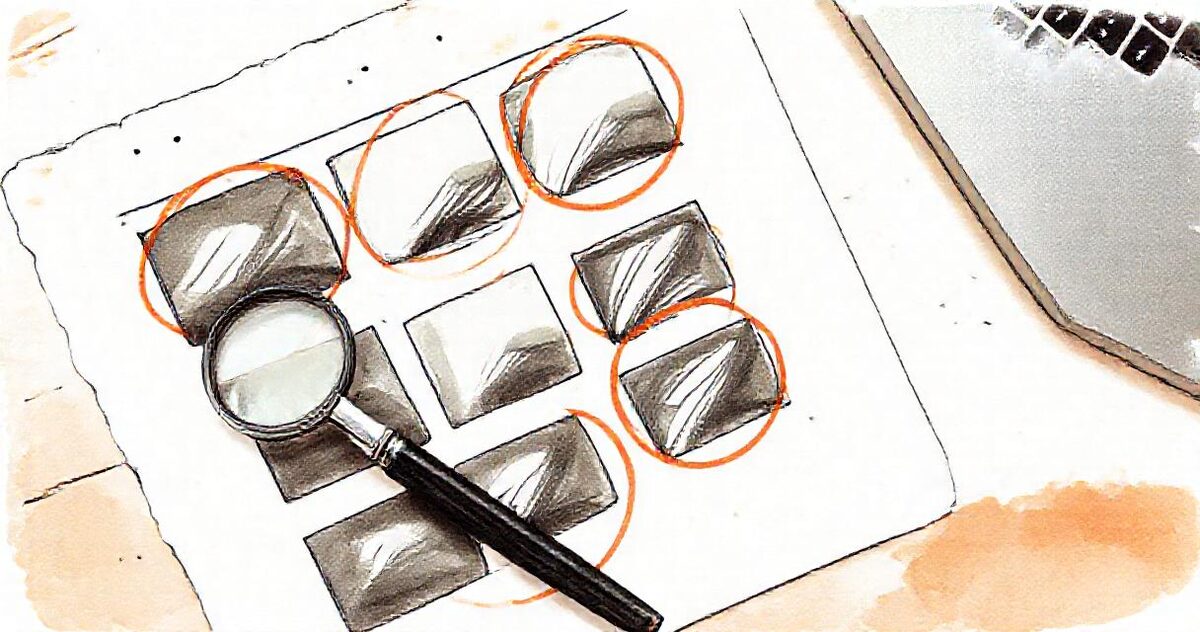 Illustration of a printed contact sheet with several frames circled in terracotta pencil and a loupe resting on it