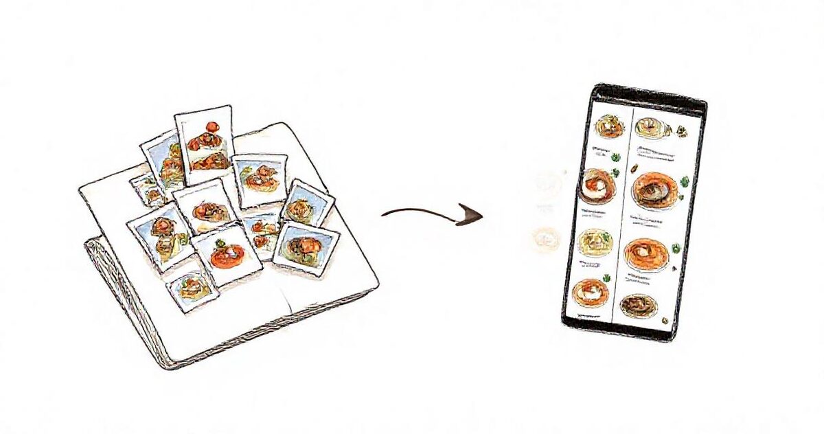 Illustration of a folder of dish photos becoming a tidy menu grid on a phone
