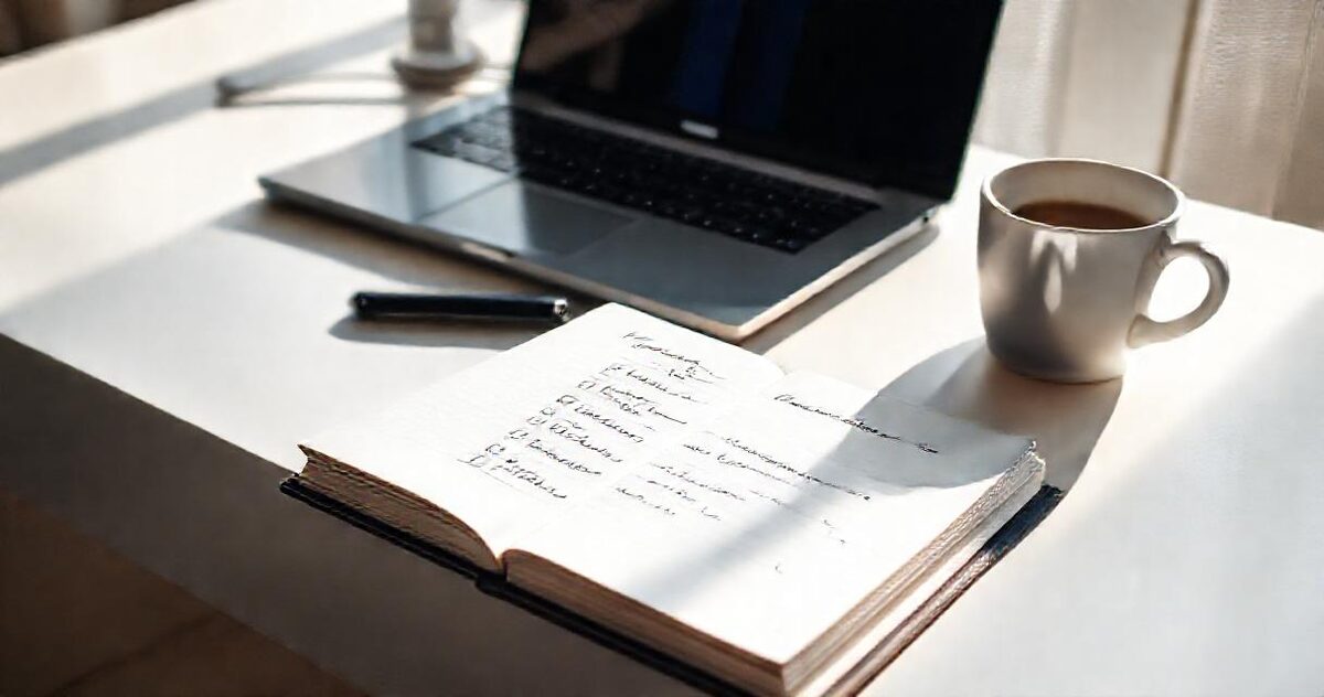 A notebook with a handwritten checklist beside a laptop