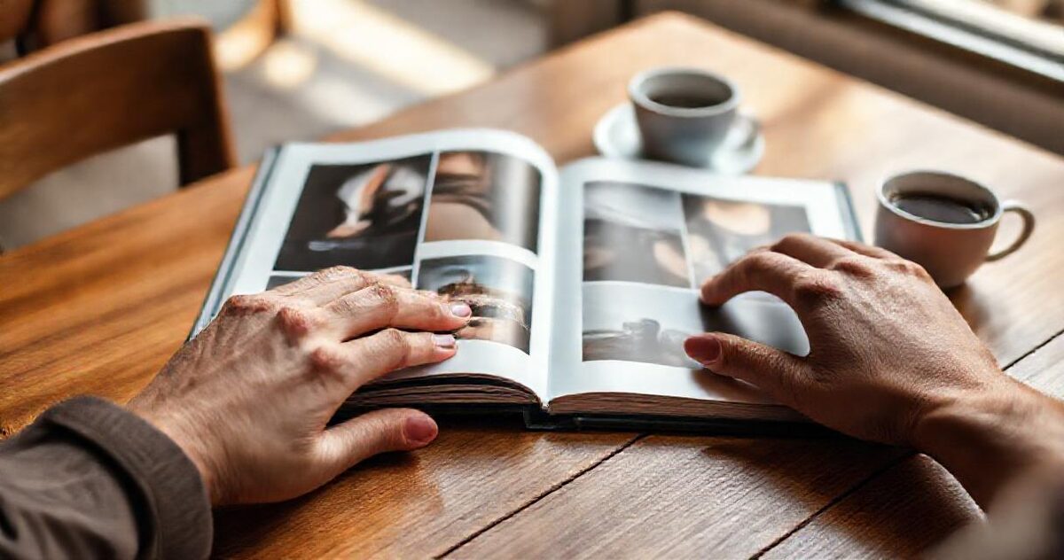 Hands turning the pages of a photography portfolio album at a cafe table