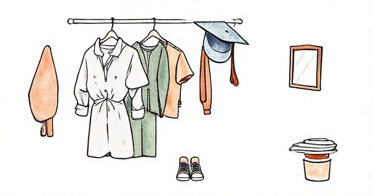 A clothing rack with three outfits on hangers, sneakers, a graduation cap and a small mirror