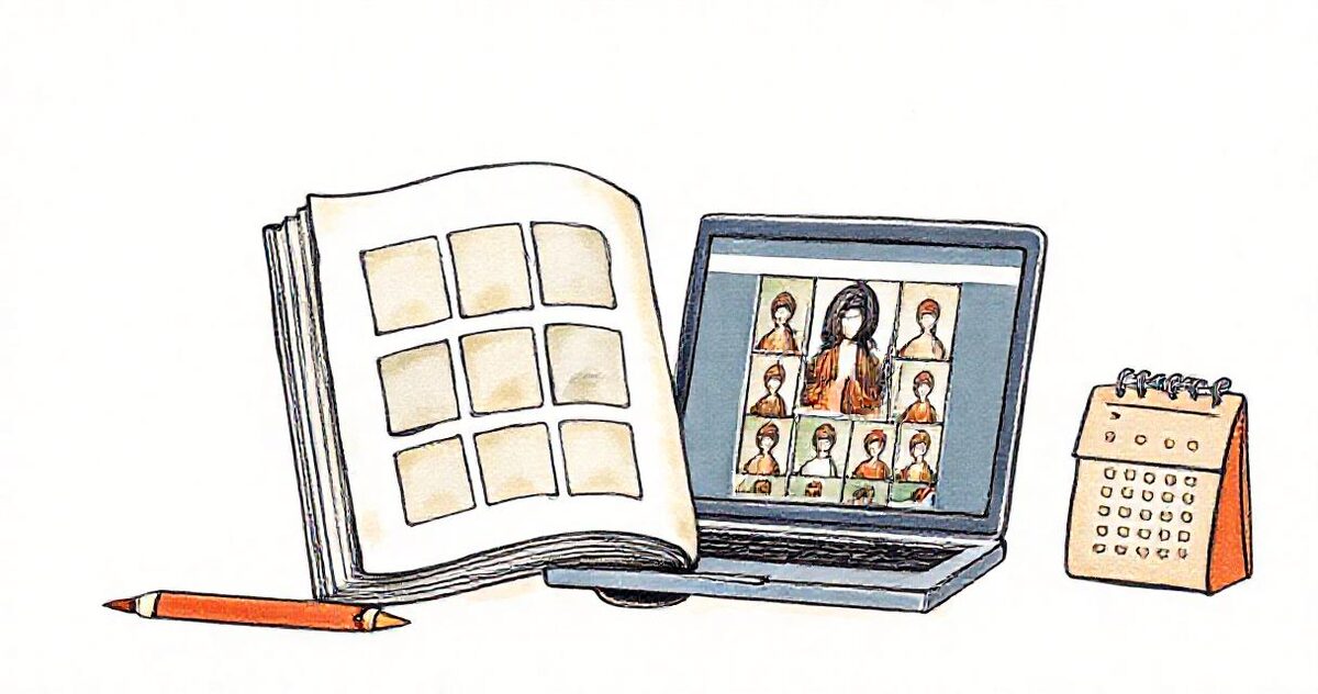 An open school yearbook with photo squares beside a laptop showing a portrait gallery, a pencil and a calendar