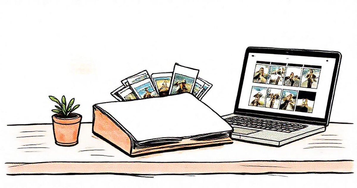 A paper folder with photographs fanned out of it, beside a laptop showing a neat photo grid and a small potted plant