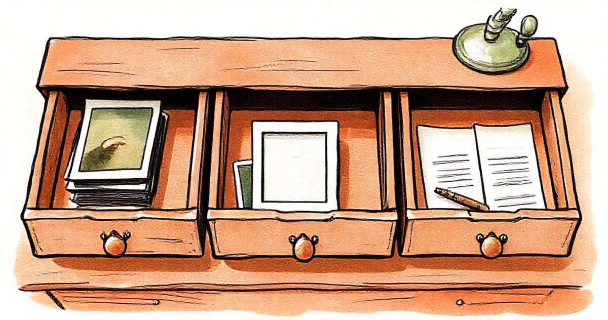 Three open wooden drawers holding a stack of photo prints, a picture frame, and paper forms with a pen