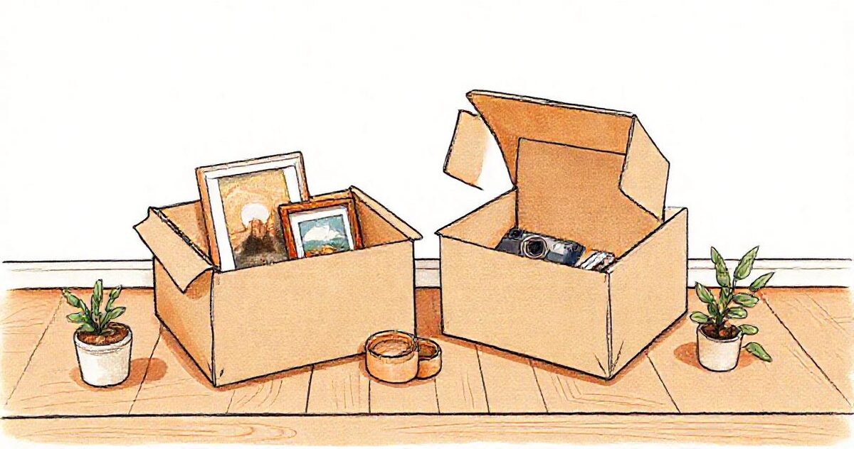 Two cardboard boxes on a wooden floor, one holding framed photographs and the other a camera, with potted plants beside them
