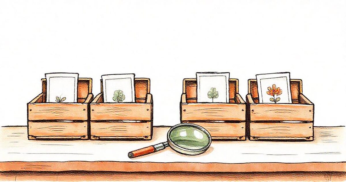 Four small wooden crates of printed photographs on a table, with a magnifying glass
