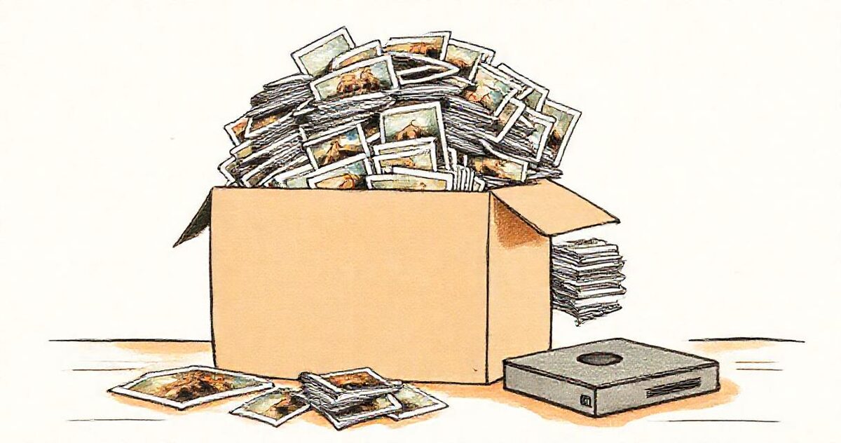 A cardboard box overflowing with identical printed photographs next to a small hard drive