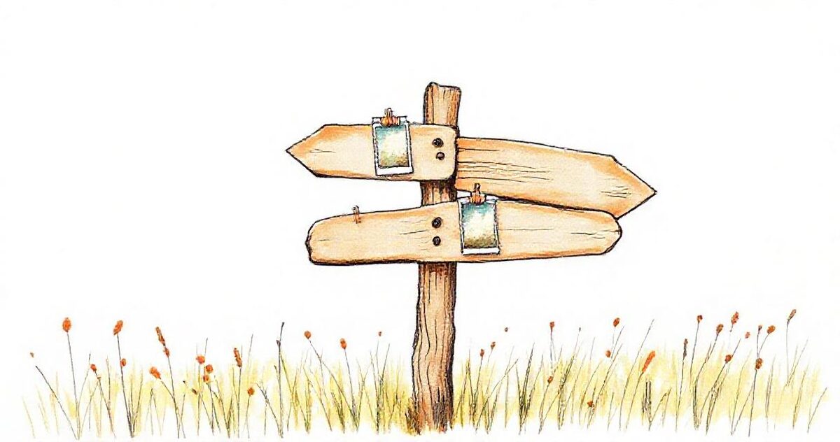 A wooden signpost with several arrow boards, each with a small photograph pinned to it