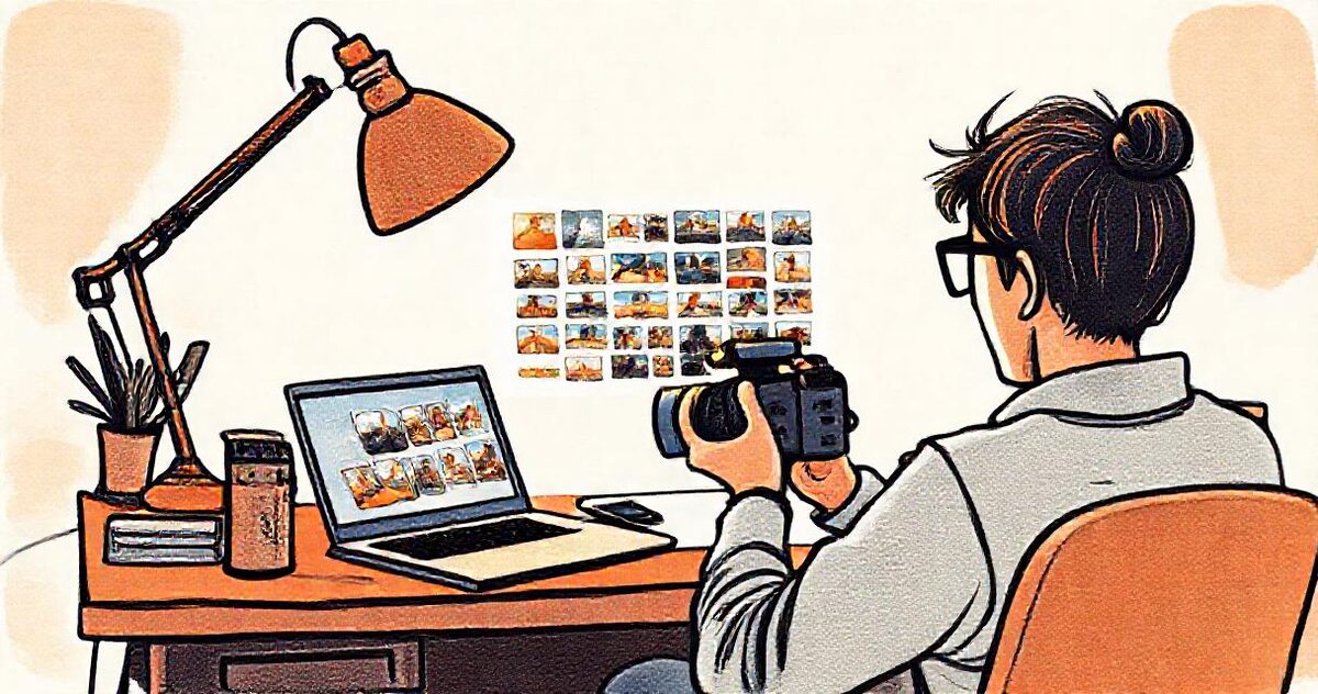 A photographer culling a wedding shoot on a laptop, grid of thumbnails on screen
