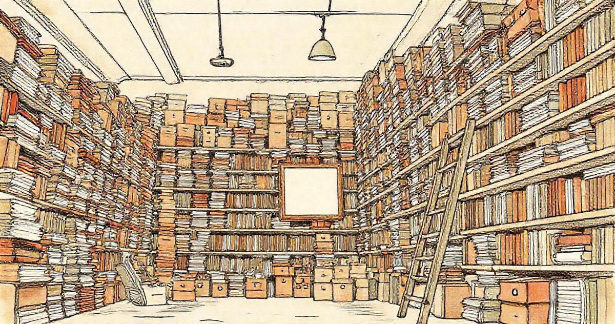 A huge room of shelves stacked to the ceiling with photo albums and archive boxes, with a rolling ladder