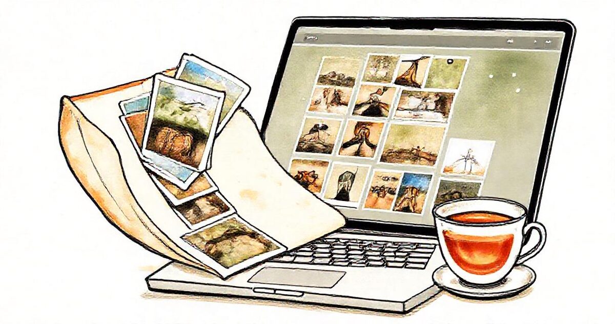 A paper folder with photographs flowing into a laptop that shows a neat photo gallery, with a cup of tea beside it