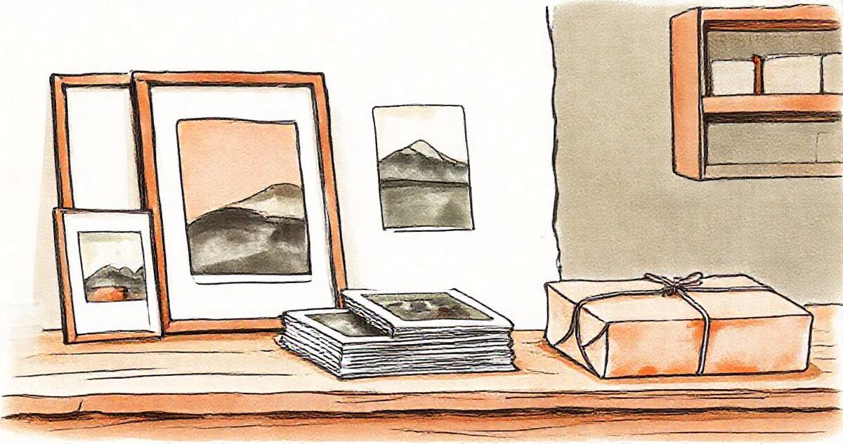 Framed photo prints, a stack of printed photographs and a parcel in brown paper on a wooden counter