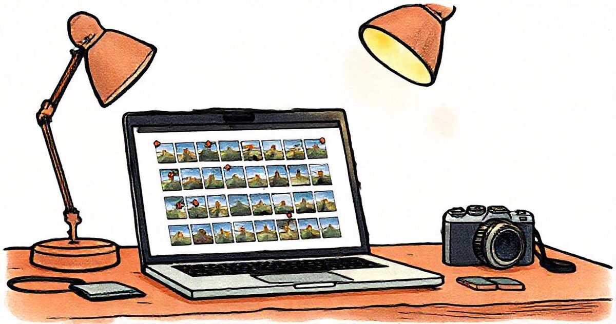 A laptop on a desk at night showing a grid of small thumbnails with a few marked by small flags, beside a camera and memory cards
