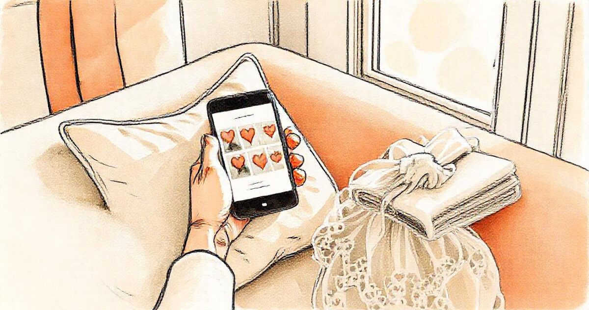 A hand holding a phone on a sofa, the screen showing a grid of photos marked with small hearts, a folded veil on the armrest