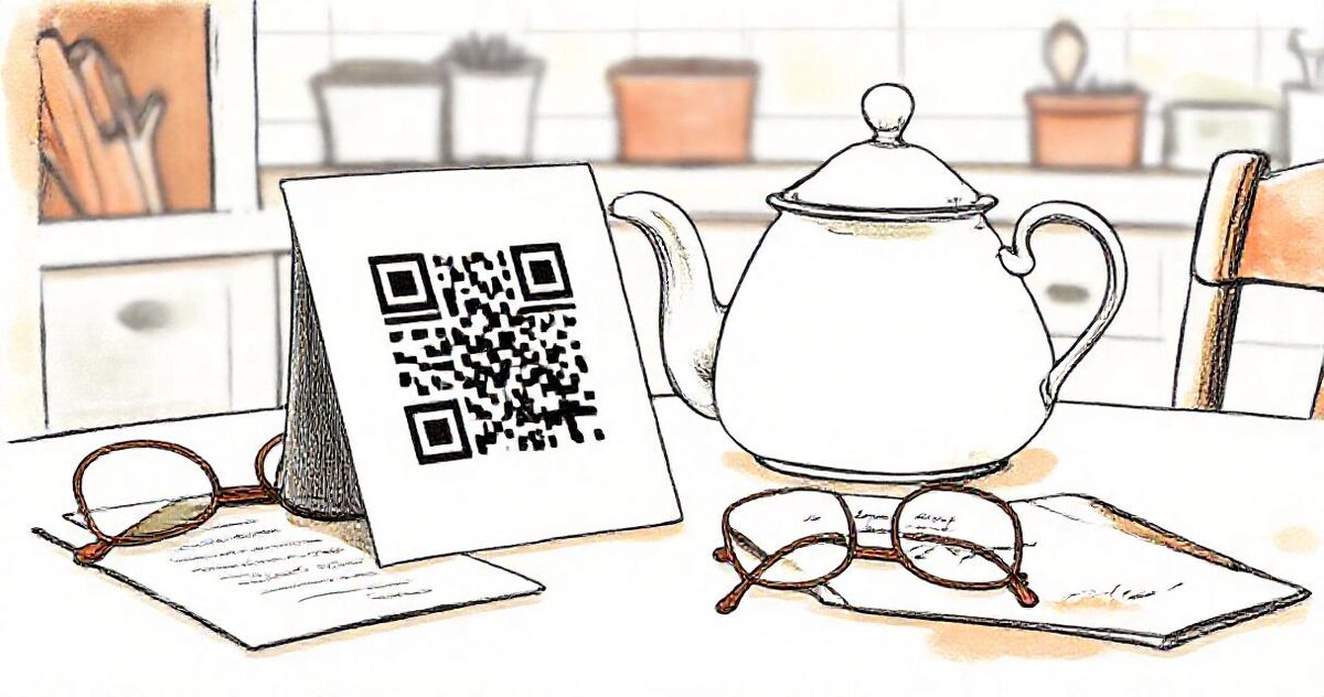 A printed card with a large QR code propped against a teapot on a kitchen table, beside reading glasses and a wedding invitation