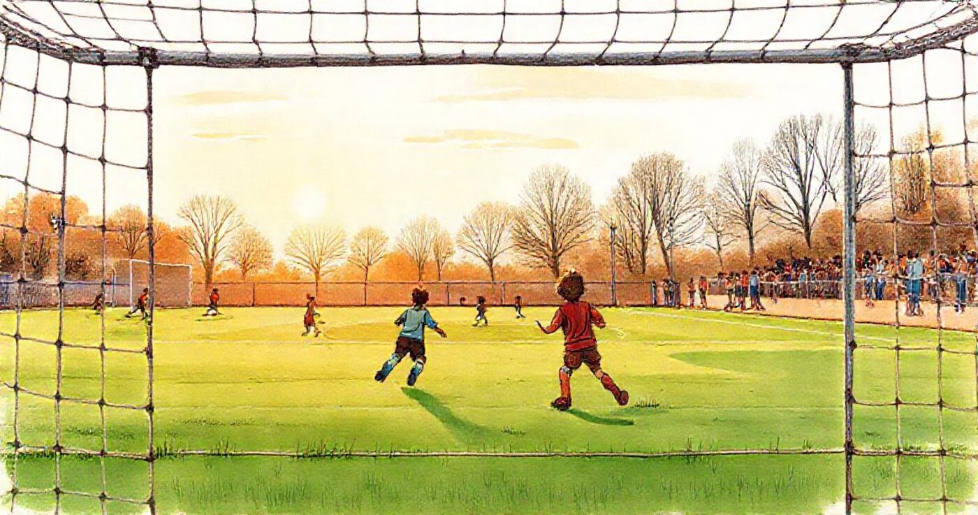A youth football match at golden hour, seen from behind the goal