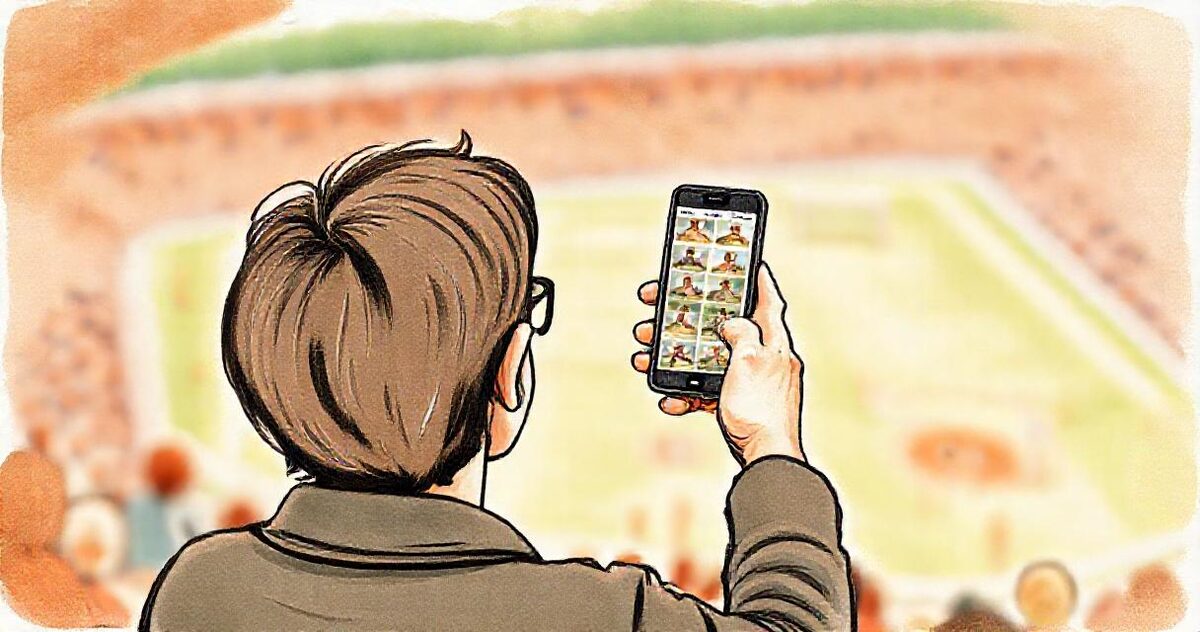 A parent in the stands looking at the match gallery on a phone